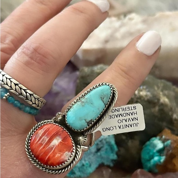 Navajo signed Kingman turquoise, spiny oyster sterling silver ring - Picture 3 of 8